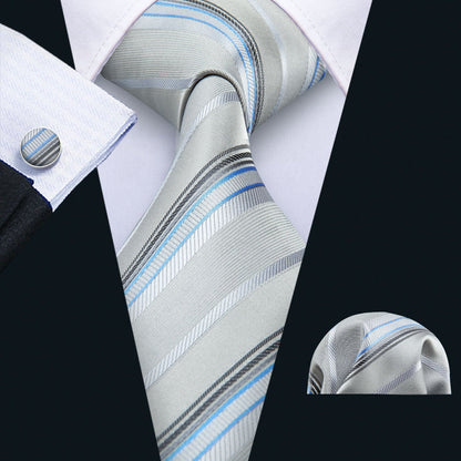 Light Gray Silver Stripe Fabric Tie, Pocket Square and Cufflinks Set tie sets    - Sophisticated Gentlemen
