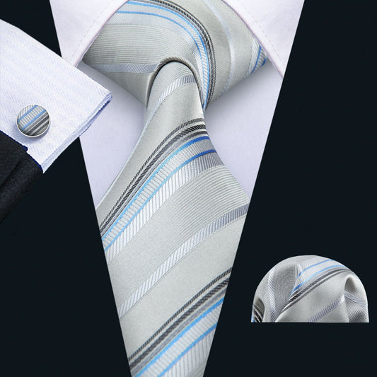 Light Gray Silver Stripe Fabric Tie, Pocket Square and Cufflinks Set tie sets    - Sophisticated Gentlemen