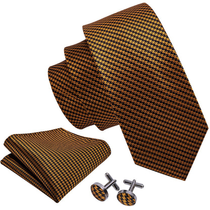 Gold & Black Houndstooth Silk Tie, Pocket Square & Cufflinks Set tie sets - Sophisticated Gentlemen