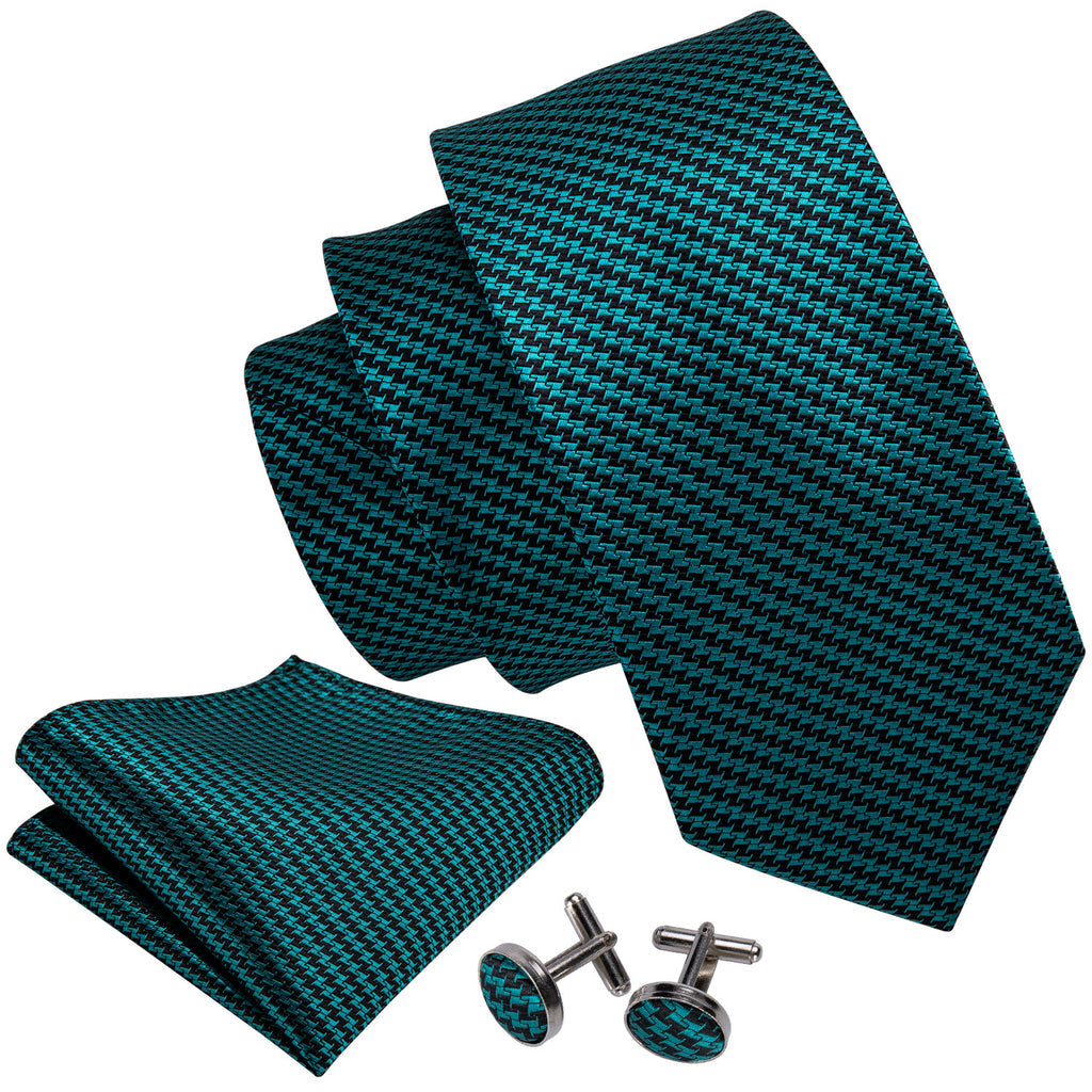 Turquoise Houndstooth Silk Tie, Pocket Square and Cufflinks Set tie sets    - Sophisticated Gentlemen