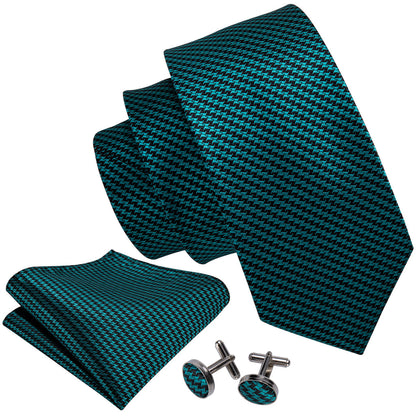 Turquoise Houndstooth Silk Tie, Pocket Square and Cufflinks Set tie sets    - Sophisticated Gentlemen