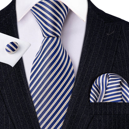 Blue Narrow Striped Silk Tie, Pocket Square and Cufflinks Set tie sets    - Sophisticated Gentlemen