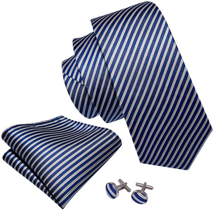 Blue Narrow Striped Silk Tie, Pocket Square and Cufflinks Set tie sets    - Sophisticated Gentlemen