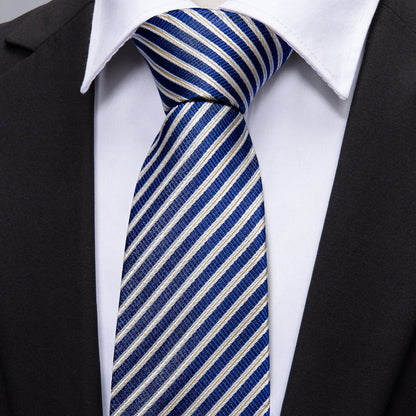 Blue Narrow Striped Silk Tie, Pocket Square and Cufflinks Set tie sets    - Sophisticated Gentlemen