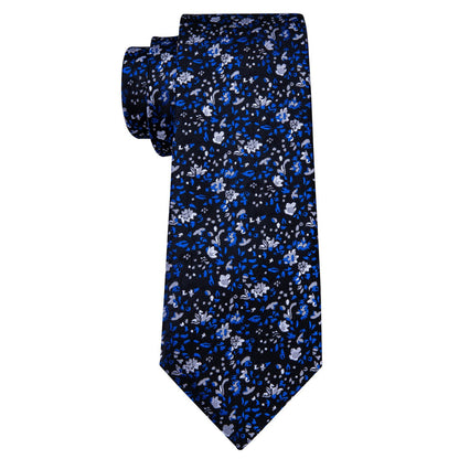 Navy Blue Floral Silk Tie, Pocket Square and Cufflinks Set tie sets    - Sophisticated Gentlemen
