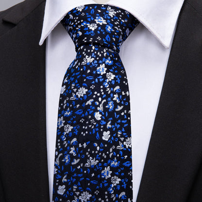Navy Blue Floral Silk Tie, Pocket Square and Cufflinks Set tie sets    - Sophisticated Gentlemen