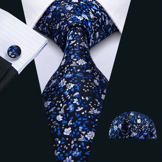 Navy Blue Floral Silk Tie, Pocket Square and Cufflinks Set tie sets    - Sophisticated Gentlemen