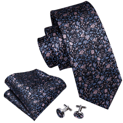 Black Pink Floral Silk Tie, Pocket Square and Cufflinks Set tie sets    - Sophisticated Gentlemen