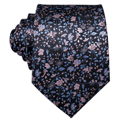 Black Pink Floral Silk Tie, Pocket Square and Cufflinks Set tie sets    - Sophisticated Gentlemen