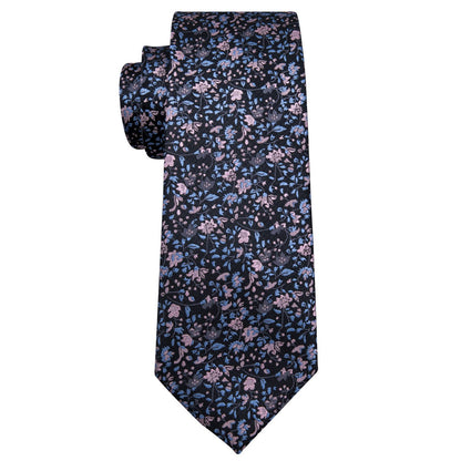 Black Pink Floral Silk Tie, Pocket Square and Cufflinks Set tie sets    - Sophisticated Gentlemen