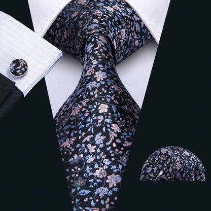Black Pink Floral Silk Tie, Pocket Square and Cufflinks Set tie sets    - Sophisticated Gentlemen