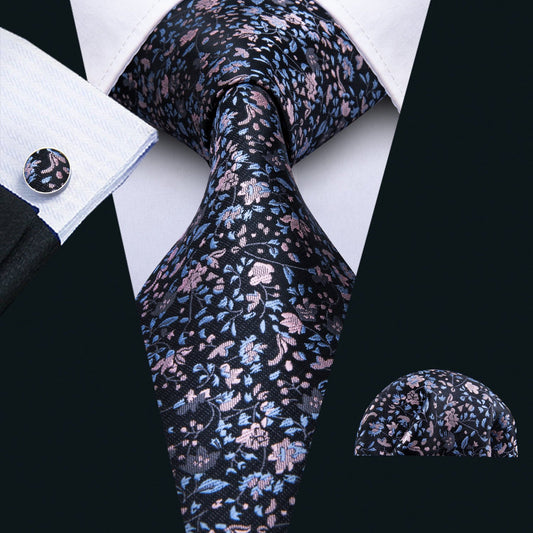 Black Pink Floral Silk Tie, Pocket Square and Cufflinks Set tie sets    - Sophisticated Gentlemen