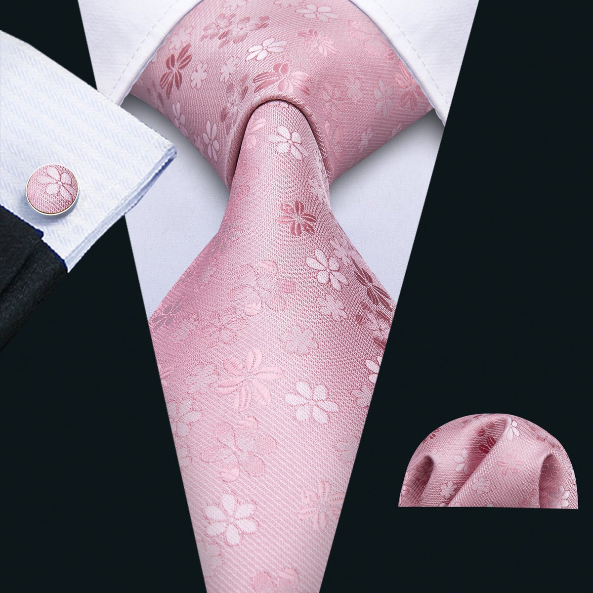 Pink Sakura Floral Silk Tie, Pocket Square and Cufflinks Set tie sets    - Sophisticated Gentlemen