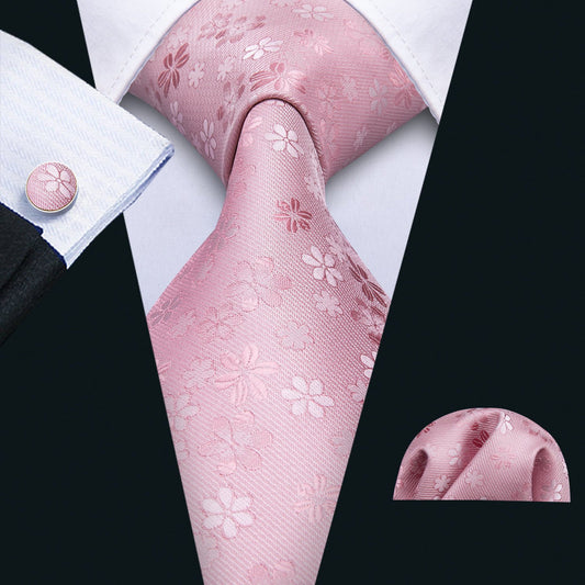 Pink Sakura Floral Silk Tie, Pocket Square and Cufflinks Set tie sets    - Sophisticated Gentlemen