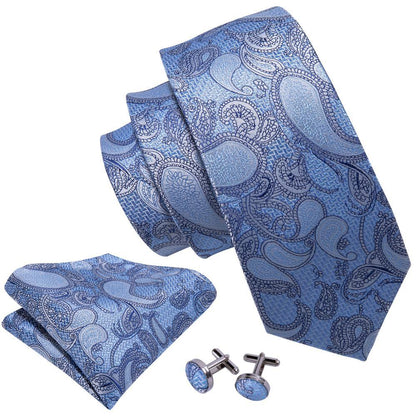 Sky Blue Paisley Silk Tie, Pocket Square and Cufflinks Set tie sets    - Sophisticated Gentlemen
