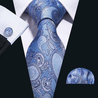 Sky Blue Paisley Silk Tie, Pocket Square and Cufflinks Set tie sets    - Sophisticated Gentlemen