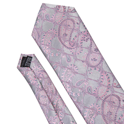 Silver Pink Paisley Silk Tie, Pocket Square and Cufflinks Set tie sets    - Sophisticated Gentlemen