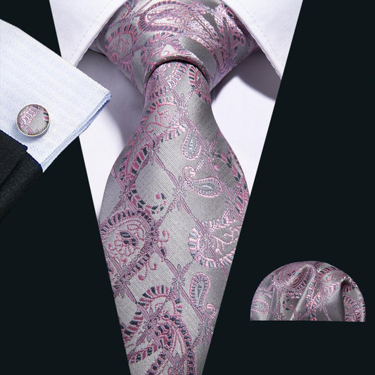 Silver Pink Paisley Silk Tie, Pocket Square and Cufflinks Set tie sets    - Sophisticated Gentlemen