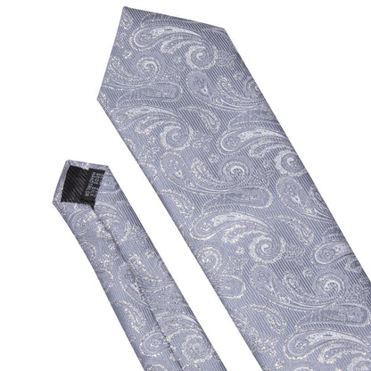 Silver Gray Paisley Silk Tie, Pocket Square and Cufflinks Set tie sets    - Sophisticated Gentlemen