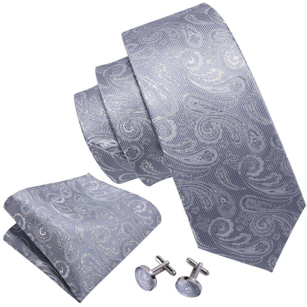 Silver Gray Paisley Silk Tie, Pocket Square and Cufflinks Set tie sets    - Sophisticated Gentlemen