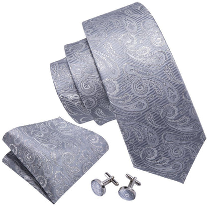 Silver Gray Paisley Silk Tie, Pocket Square and Cufflinks Set tie sets    - Sophisticated Gentlemen