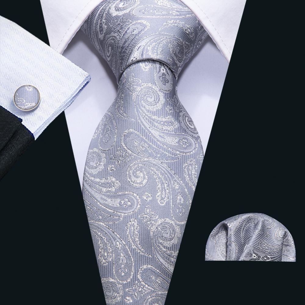 Silver Gray Paisley Silk Tie, Pocket Square and Cufflinks Set tie sets    - Sophisticated Gentlemen