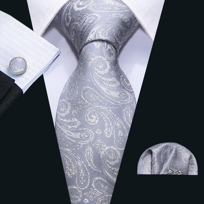 Silver Gray Paisley Silk Tie, Pocket Square and Cufflinks Set tie sets    - Sophisticated Gentlemen