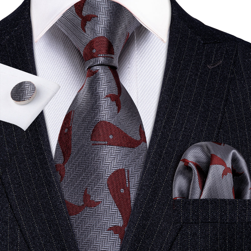 Gray Red Whale Novelty Silk Tie, Pocket Square and Cufflinks Set tie sets    - Sophisticated Gentlemen