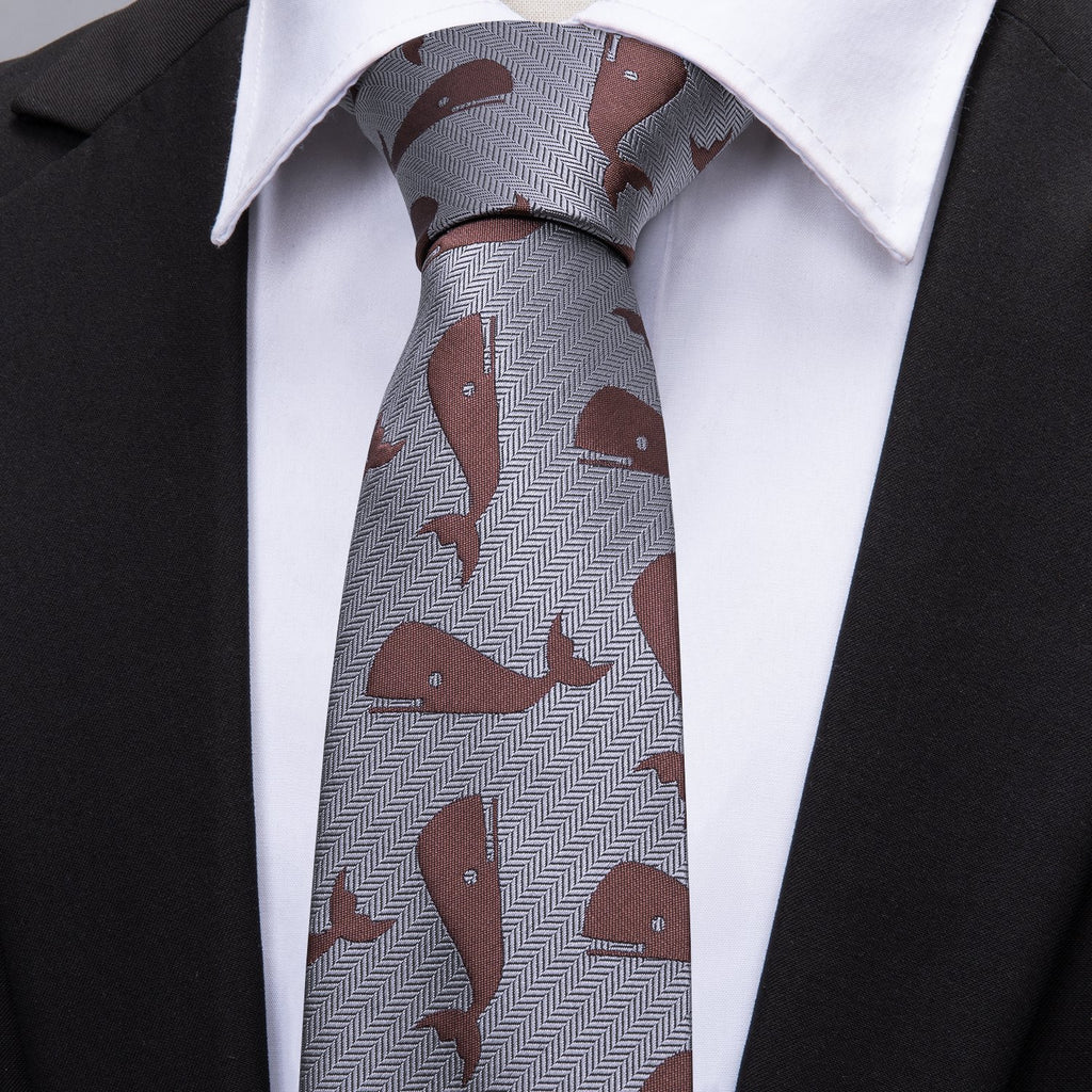 Gray Red Whale Novelty Silk Tie, Pocket Square and Cufflinks Set tie sets    - Sophisticated Gentlemen