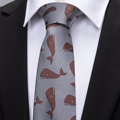 Gray Red Whale Novelty Silk Tie, Pocket Square and Cufflinks Set tie sets    - Sophisticated Gentlemen