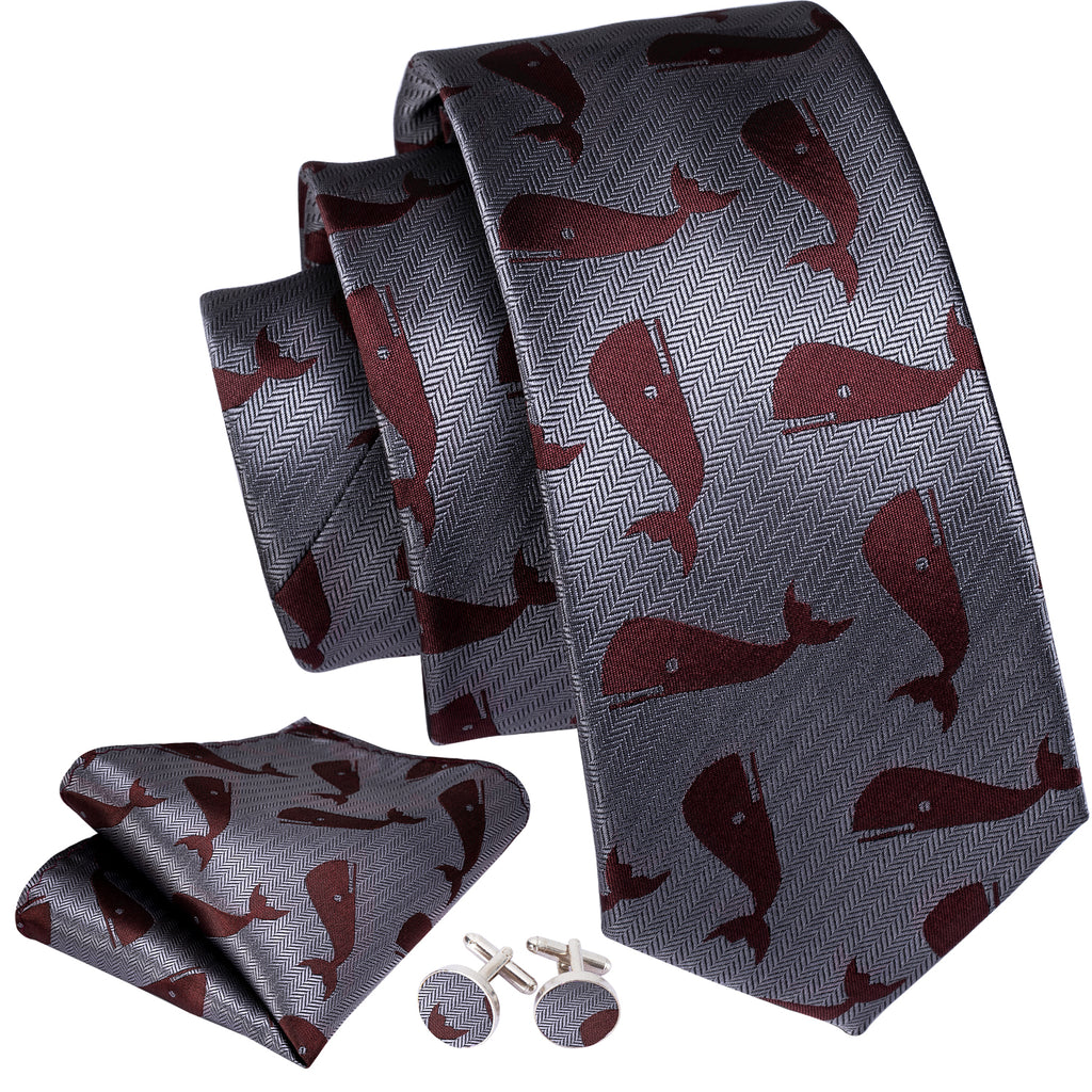 Gray Red Whale Novelty Silk Tie, Pocket Square and Cufflinks Set tie sets    - Sophisticated Gentlemen