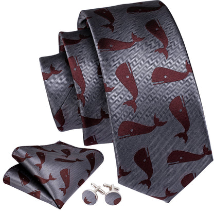 Gray Red Whale Novelty Silk Tie, Pocket Square and Cufflinks Set tie sets    - Sophisticated Gentlemen