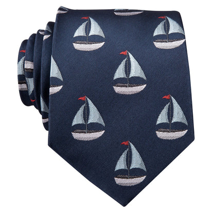 Deep Blue Sailboat Novelty Tie, Pocket Square and Cufflinks Set tie sets    - Sophisticated Gentlemen