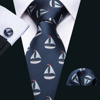 Deep Blue Sailboat Novelty Tie, Pocket Square and Cufflinks Set tie sets    - Sophisticated Gentlemen