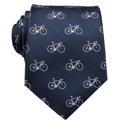 Deep Blue Bike Pattern Novelty Silk Tie, Pocket Square and Cufflinks Set tie sets    - Sophisticated Gentlemen