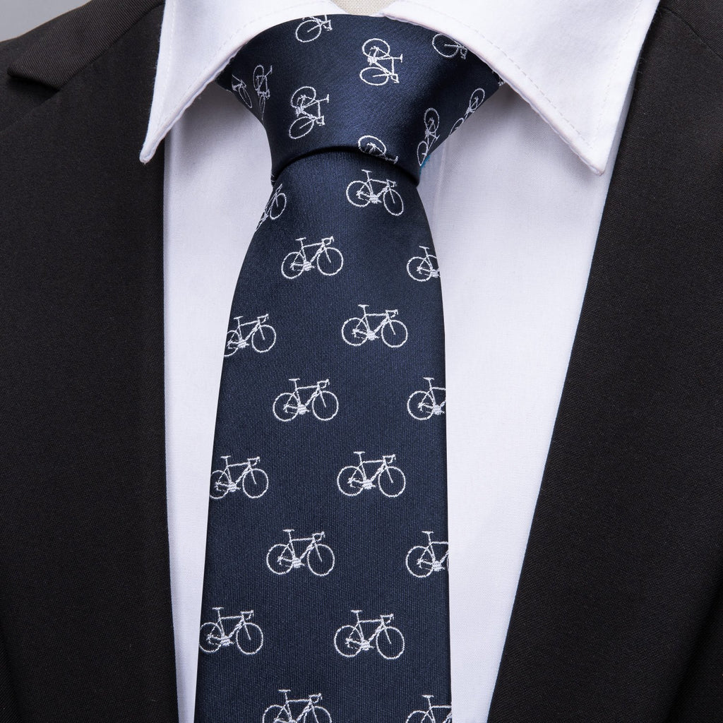 Deep Blue Bike Pattern Novelty Silk Tie, Pocket Square and Cufflinks Set tie sets    - Sophisticated Gentlemen