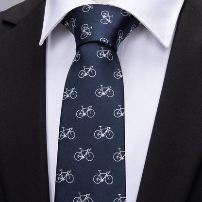 Deep Blue Bike Pattern Novelty Silk Tie, Pocket Square and Cufflinks Set tie sets    - Sophisticated Gentlemen