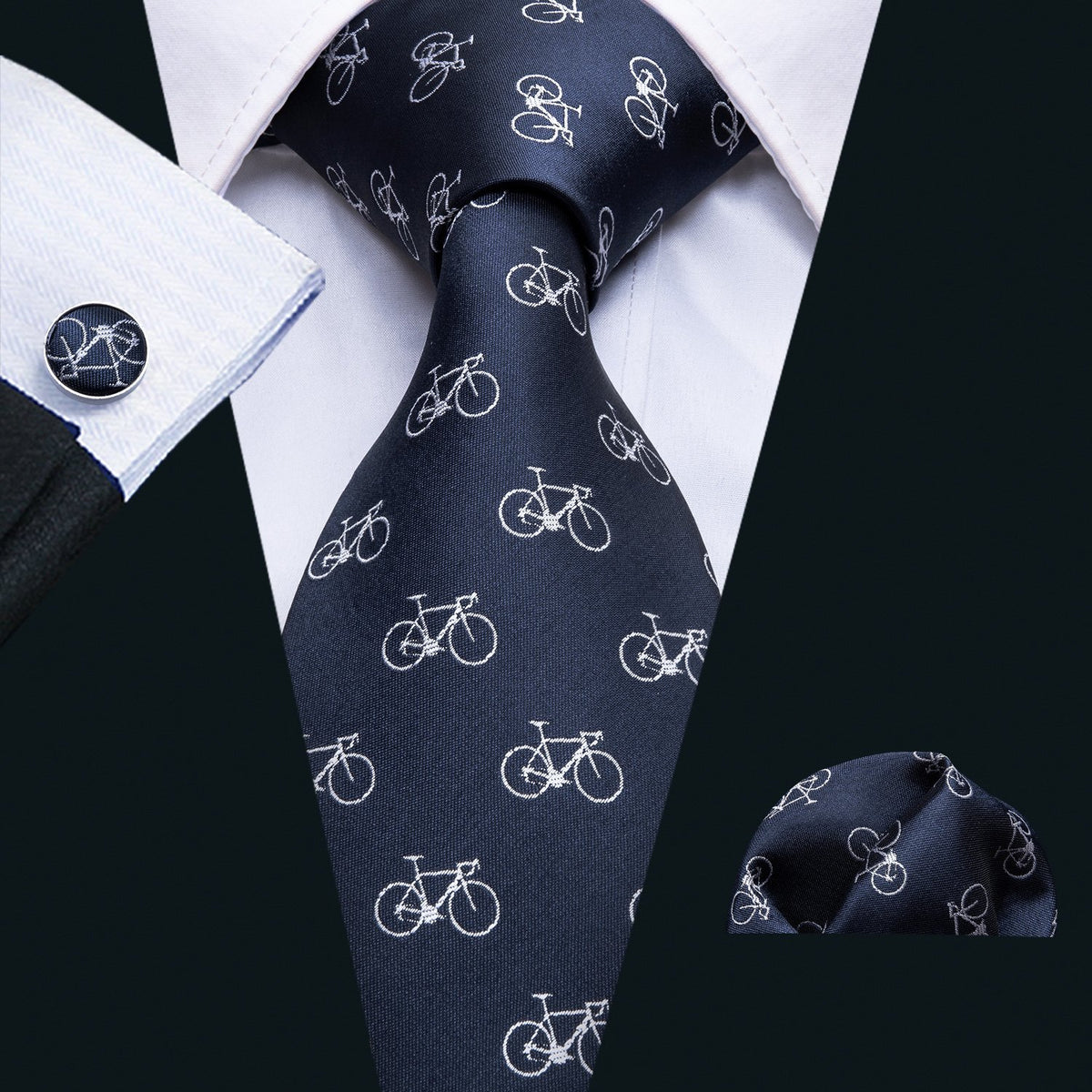 Deep Blue Bike Pattern Novelty Silk Tie, Pocket Square and Cufflinks Set tie sets    - Sophisticated Gentlemen