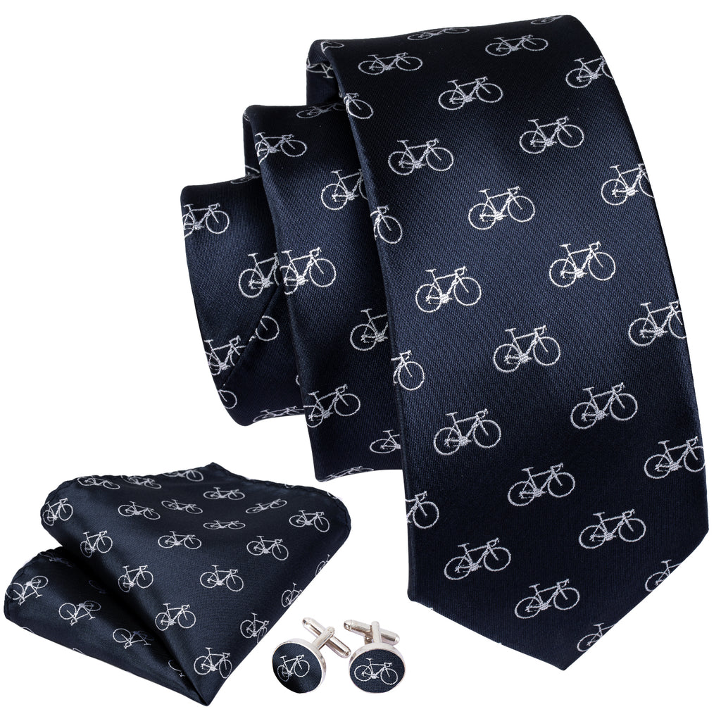 Deep Blue Bike Pattern Novelty Silk Tie, Pocket Square and Cufflinks Set tie sets    - Sophisticated Gentlemen