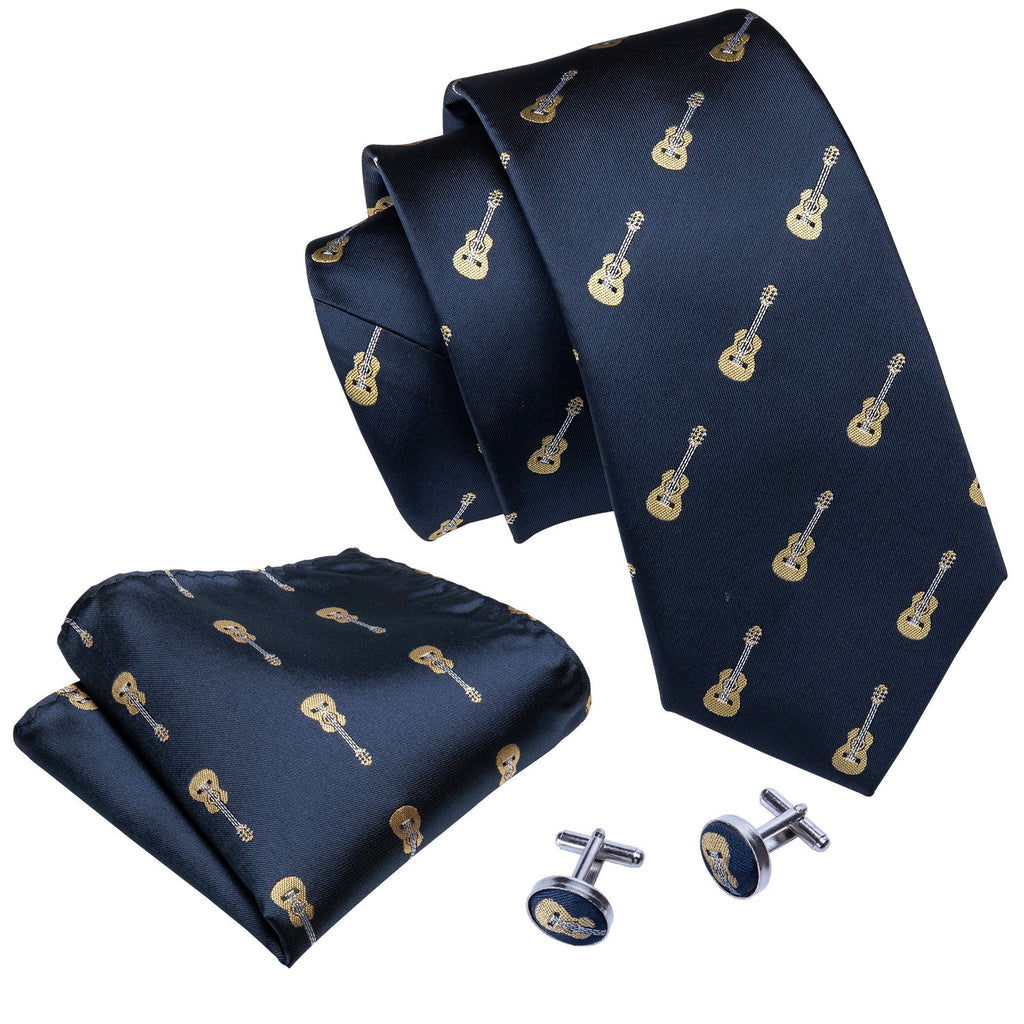Blue Guitar Novelty Silk Tie, Pocket Square and Cufflinks Set tie sets    - Sophisticated Gentlemen