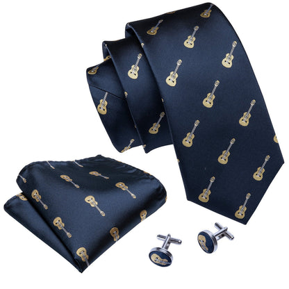 Blue Guitar Novelty Silk Tie, Pocket Square and Cufflinks Set tie sets    - Sophisticated Gentlemen