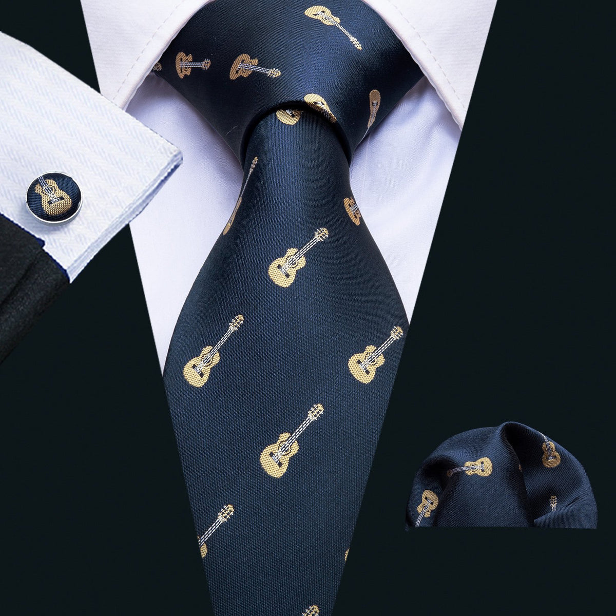 Blue Guitar Novelty Silk Tie, Pocket Square and Cufflinks Set tie sets    - Sophisticated Gentlemen