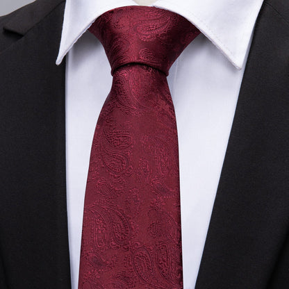 Burgundy Paisley Silk Tie, Pocket Square and Cufflinks Set tie sets    - Sophisticated Gentlemen