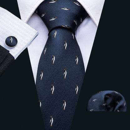Blue Penguin Novelty Silk Tie, Pocket Square and Cufflinks Set tie sets    - Sophisticated Gentlemen
