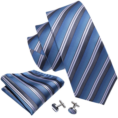 Blue Stripe Tie, Pocket Square and Cufflinks Set tie sets    - Sophisticated Gentlemen