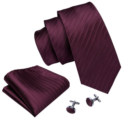 Dark Red Narrow Striped Silk Tie, Pocket Square and Cufflinks Set tie sets    - Sophisticated Gentlemen