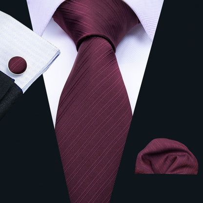 Dark Red Narrow Striped Silk Tie, Pocket Square and Cufflinks Set tie sets    - Sophisticated Gentlemen