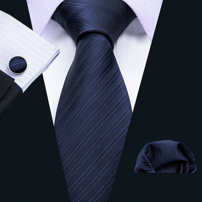 Navy Blue Striped Silk Tie, Pocket Square and Cufflinks Set tie sets    - Sophisticated Gentlemen