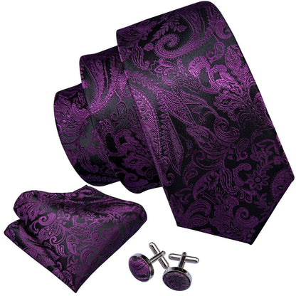Black & Royal Purple Paisley Silk Tie, Pocket Square & Cufflinks Set tie sets - Sophisticated Gentlemen