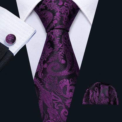 Black & Royal Purple Paisley Silk Tie, Pocket Square & Cufflinks Set tie sets - Sophisticated Gentlemen